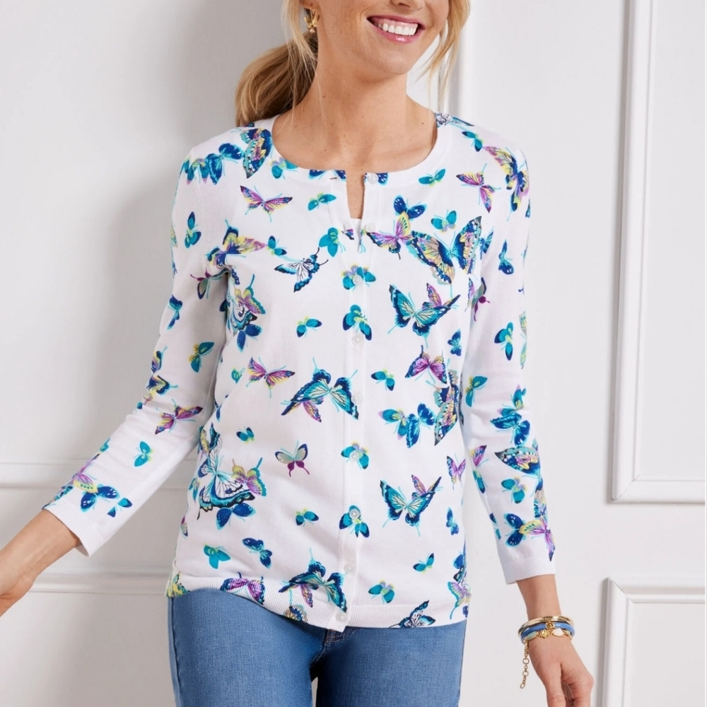 Talbots Butterfly Cardigan Sweater Womens XL Button‎ Knit Top Cottagecore Fairy